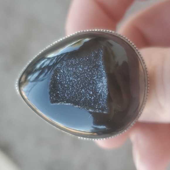 New Oversized Black Agate Druzy 925 Silver Ring. - Picture 5 of 16